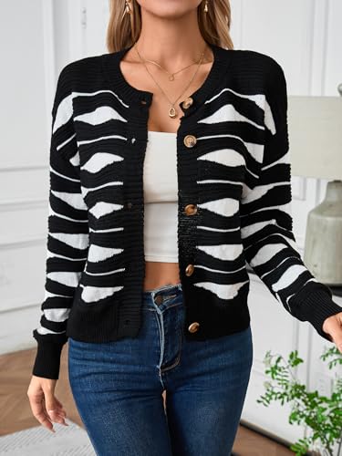 Image of Verdusa Women's Striped Button Up Cardigans Long Sleeve Crew Neck Knitted Cardigan Sweaters Black and White Small
