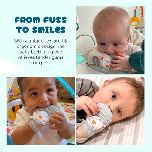 Image of Malarkey Kids Patented Teething Mitten, Munch Mitt Baby Chew Toy - Protects Hands from Chewing & Saliva, Heals Aching Gums, Promotes Sound & Visual Stimulation for Babies - Grey Fox