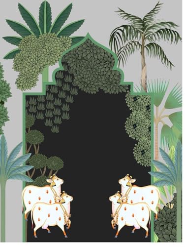 Image of pichwai Backdrop Cloth for Decoration | pichwai Cow Art Backdrop | varlaxmi puja Decorations Cloth | Traditional Backdrop Decoration 4 Cows and Palm Trees (8 6 feet) Black Colour