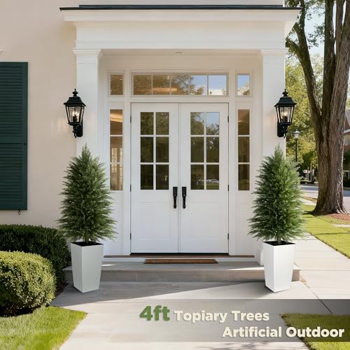 4FT Tall 2 Pack Artificial Cedar Topiary Trees with Full Bushy Columnar Shape, Realistic Faux Cypress in Square White Pot with Fillable Water Bag, Outdoor Evergreen for Front Porch Garden Home Decor — view 2