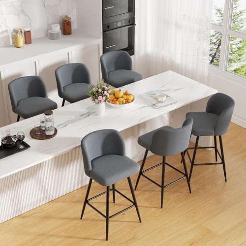 Image of Swivel Bar Stools Set of 6, 26 inch Counter Height Bar Stools with High Back and Metal Legs, Fabric Bar Chairs, Modern Barstools for Kitchen Island, Light Grey