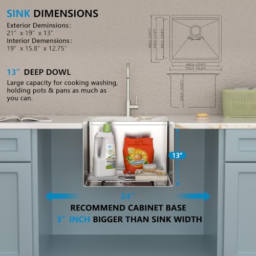 Image of 21 inchx19 inch Undermount Laundry Utility Sink Workstation - 16 Gauge 304 Stainless Steel, 13 Inch Deep Single Bowl Under Counter Sink Basin for Laundry Room, RV or Utility Use