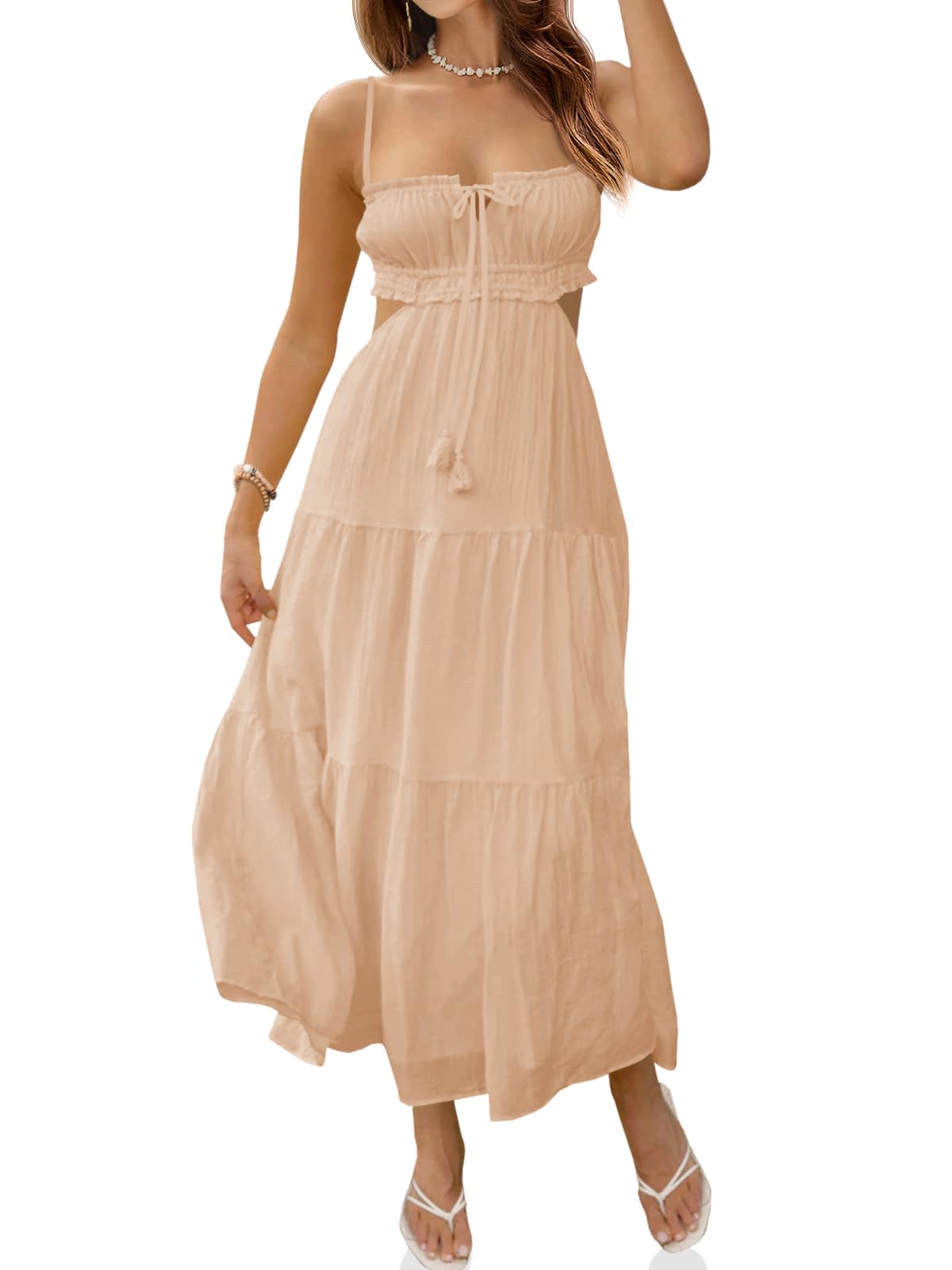 Fisoew Women's Spaghetti Strap Maxi Dress Summer Backless Cut Out Dresses