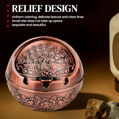 Image of HASTHIP Peacock Ashtray Retro Zinc Alloy Ashtray with Closing Lid Decorative Embossing Peacock Ashtry with 3 Cigarette Holder Grooves Home Gift Car Ashtry, 10x10x9cm