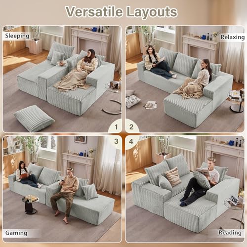 Image of 107 inch Cloud Sectional Couch with L-Shape Chaise, Modern Modular Comfy Sofa Chaise Longue, Upholstered Corduroy Couches Sleeper with Deep Seat for Living Room Bedroom, No Assembly Required, Grey
