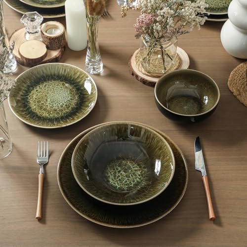 Image of Stone Lain Riley 32-Piece Dinnerware Set Stoneware, Plates and Bowls Set, Dishwasher and Microwave Safe, Dish Set for 8, Black and Green