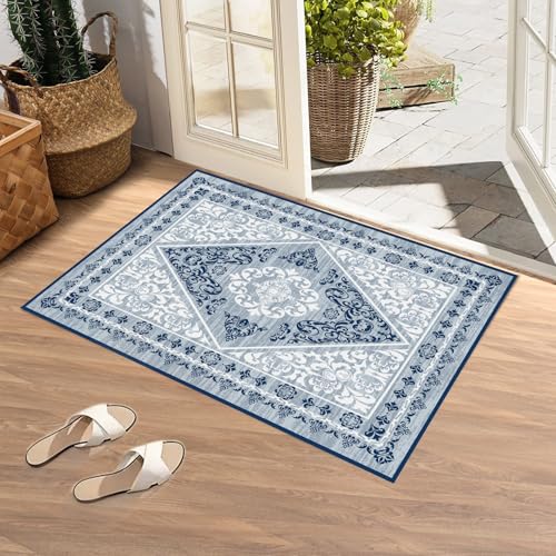 CWK Boho Washable 2×3 Area Rugs,Non-Slip Floor Carpet,Non-Shedding Floor Mat,Low Pile Doormat Soft Vintage Rug for Living Room Bedroom Dinning Room Laundry Home Office,Blue/White