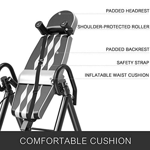 Popsport Premium Foldable Gravity Inversion Table 4.8ft to 6.1ft 300lbs Capacity Waist Inflatable Adjustment with Protective Belt Back Therapy Fitness (Grey)