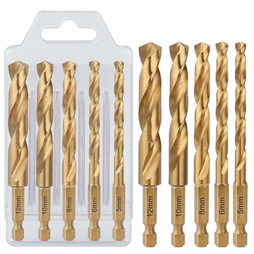 Vearter Juego de 5 brocas M2 HSS para metal, 5/6/8/10/12 mm con vástago hexagonal, broca espiral para acero inoxidable, acero de alto carbono, hierro fundido, cobre, aluminio, madera, plástico