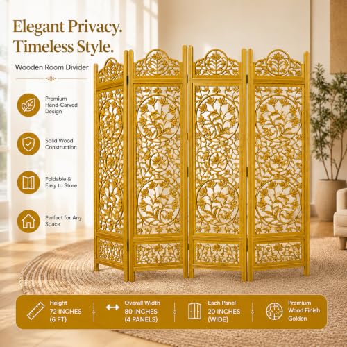 Image of Wooden Room Partition and Folding Privacy Screens Wooden Room Divider for Bedroom Home Office Room Divider Room Partition (6 Feet 4 Panel Golden Each Panel 72X20 Inch)