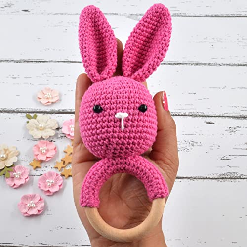 Image of Love Crochet Art Animal Shape Crochet Rattle Cum Soft Toy for Infant, Kids & Babies, Early Age Gift Toys (Bunny Rabbit - Pink)