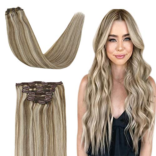 JoYoung Clip in Hair Extensions Highlights Light Brown with Blonde Double Weft Clip Hair Extensions,Human Hair Extensions Clip in 16inch 120gram 7pcs