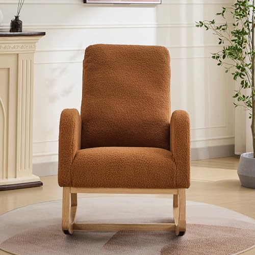 Image of Rocking Chair Nursery, Glider Rocking Accent Chair with Wood Legs, High Back Pocket Modern Upholstered Nursery Chair, Comfy Accent Rocker Armchair for Living Room Bedroom, Sherpa Caramel