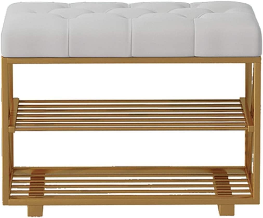 KLGFBDC Nordic Shoe Bench with Flannel Cushion - Double Layer Storage Stool Wrought Iron Frame Stylish Shoe Rack & End of Bed Organizer - Home Entryway Furniture - Color: Green
