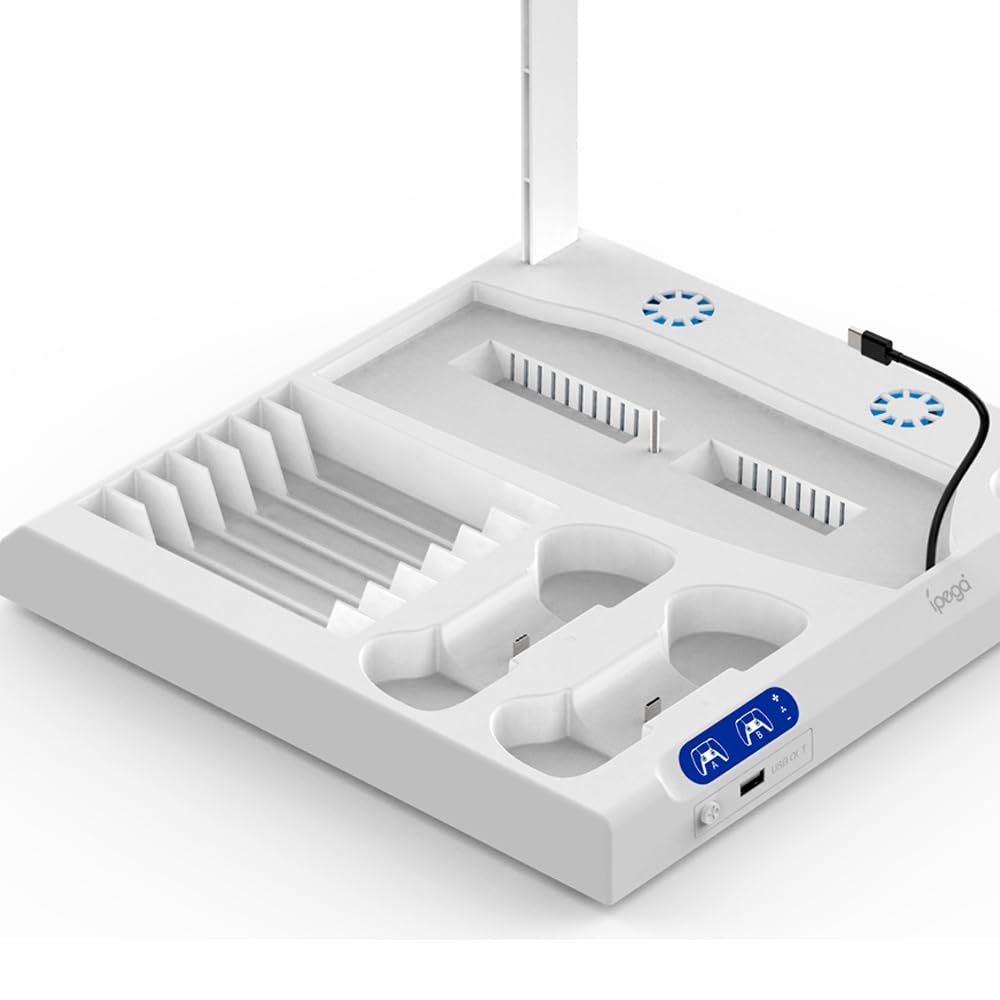 Supporto di raffreddamento con dock di ricarica a doppio controller per PS5 Host Base multifunzionale per la dissipazione del calore con rack per la conservazione dei dischi