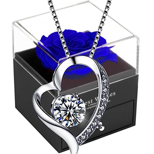 SWEETIME Infinity Rosen Blaue Rosen Geschenkbox mit 925er Sterling Silber Damen Halskette,Ewige Rose mit Silberkette,Rosebox für Frauen am Valentinstag,Muttertag,Hochzeitstag,Geburtstag.