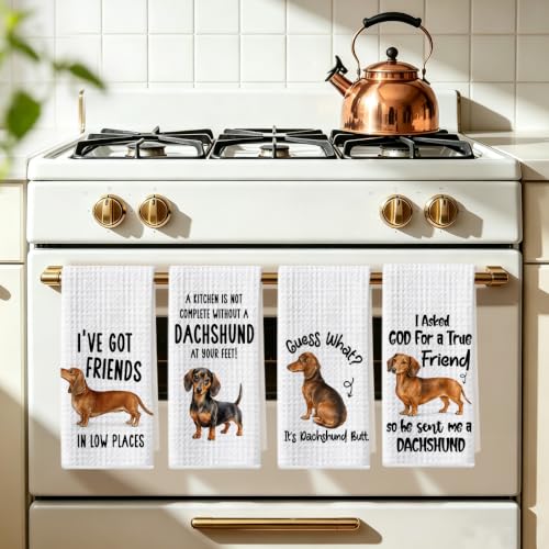 Image of 4 Pcs Funny Dachshund Kitchen Towels, Dachshund Gifts Reusable Dish Towels1