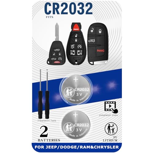 Key Fob Battery Replacement for Jeep Dodge Ram Chrysler – CR2032 (2 Pack) – Fits Cherokee Caravan Town & Country Charger Compass Durango Challenger Journey Renegade Pacifica Patriot Smart Remote Fobik