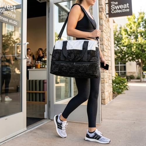 Image of Storite Polyester Duffle Bag with Shoe Compartment, Black /White, 34x23x43cm | Water Resistant, Lightweight, Large Capacity, Spacious Storage, Travel, Gym, Sports, Weekend Trips