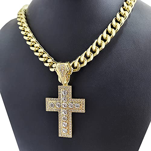 Full Iced Gold Plated CZ Holy Cross Bling Pendant & 10mm 18" 20" 24" 30" Cuban Chain Hip Hop Rapper Jewelry Necklace2