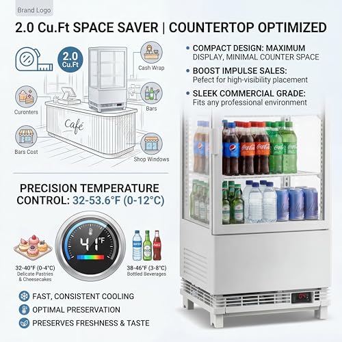 Image of Countertop Display Refrigerator 2.0 Cu.ft, LED Light, Air-Cooling, Sliding Door, Adjustable Shelves, Automatic Defrost, Commercial Mini Fridge for Bakery, Cafe, Restaurant, White