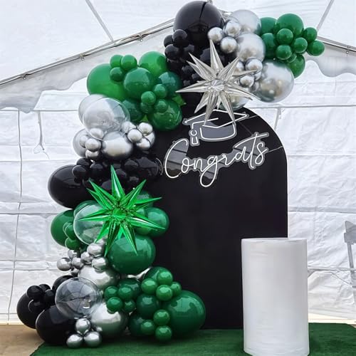 Image of Black and Green Silver Balloon Arch Kit with Explosion Star Balloons, 105pcs Emerald Forst Green and Chrome Metallic Silver Balloons Garland for Wedding Birthday Football Graduation Party Decorations