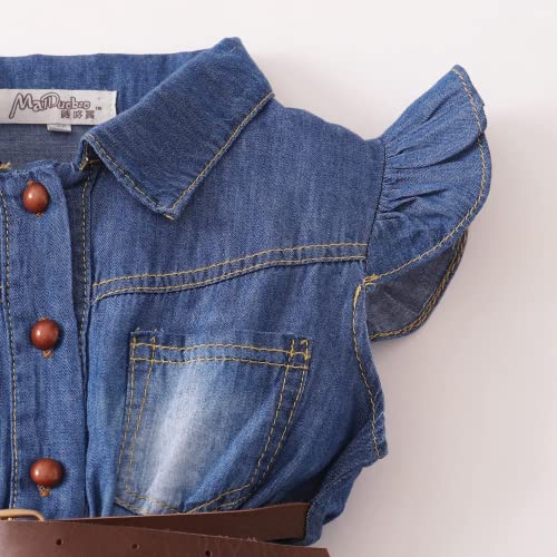 Bellbell Kids Baby Girls Summer Dress Flare Sleeves Buttons Denim Splicing Floral Skirt Dress With Belt (5-6 Years, Blue) #TOP3