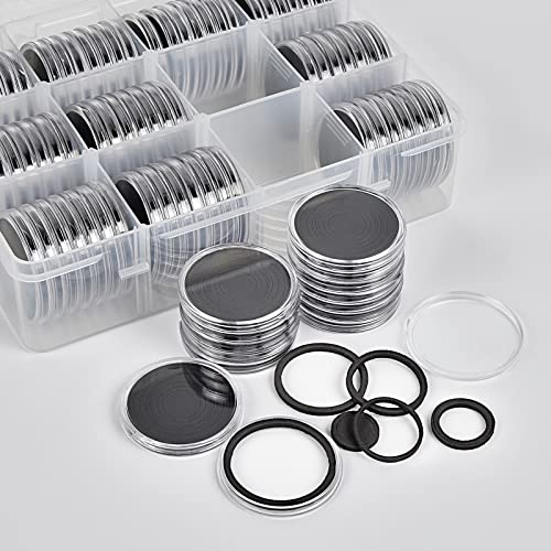 Image of 84 Pieces 46 mm Coin Capsules, with Foam Gasket and Plastic Storage Organizer Box, Coins Holder Collector Case for Coin Collection Supplies 7 Sizes (16 /20 /25 /27 /30 /38 /46mm) - Clear Case+Black Gasket