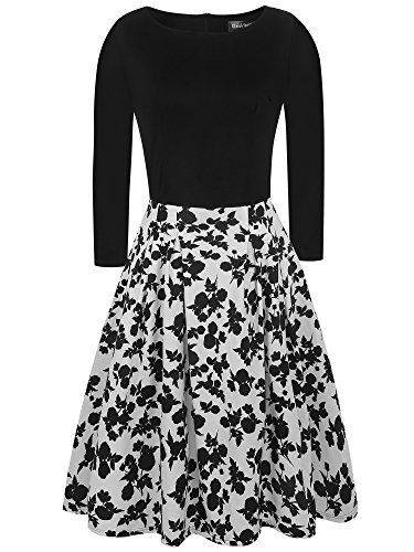 oxiuly Women's Vintage Patchwork Pockets Puffy Swing Casual Party Dress OX165 (Black White Long, m)