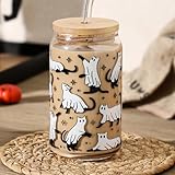 WODOHOLO Halloween Glass Cup, 16oz Ghost Cat Iced Coffee Cups with Lids and Straws, Cute Drinking Can Jar, Tumbler, Beer Can Gifts, Coffee Bar Accessories Decorations