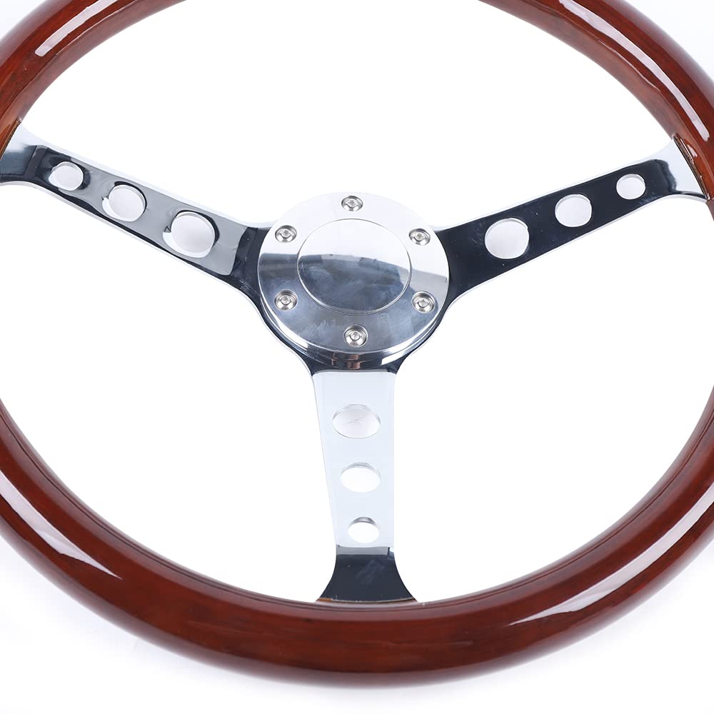 Volant Modifié 15 Pouces 380mm, Volant Vintage en Bois Massif avec Support Acier, Accessoire Auto Personnalisé Antidérapant pour Passionnés de Rétro et Rénovation