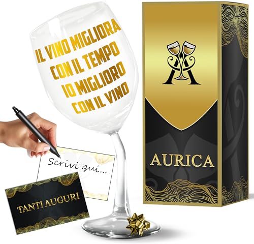 Aurìca Calice Vino Personalizzato 'IL VINO MIGLIORA...' - Bicchiere Piegato In Cristallino Da 440 Ml per Festeggiare con Allegria e un Tocco di Originalità! Un Regalo Simpatico Per Chi Ama Il Vino
