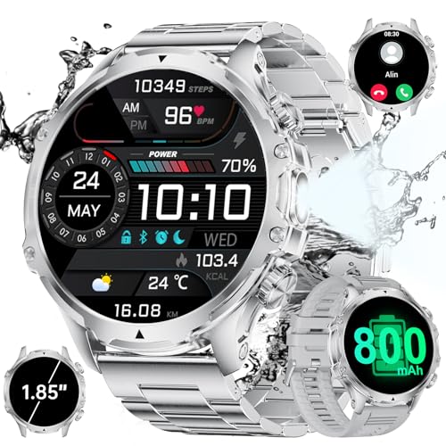 SUNKTA Reloj Inteligente Hombre con 800 mAh Grande Batería LED Linterna 1,85'' Pantalla 2 Pulsera, Llamadas Bluetooth, 107 Modos Deportivos 5 ATM Impermeable Android iOS Smartwatch