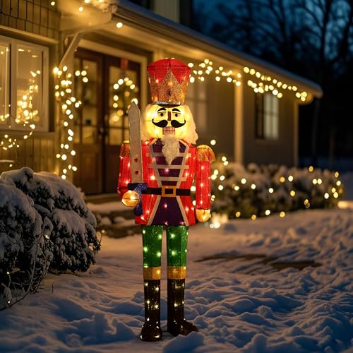 61Inch Nutcracker Outdoor Christmas Decorations with LEDs Lighted 5ft Christmas Yard Decoration Outdoor Weather-Resistant Lighted Nutcracker for Yard with Stakes & Zip Ties for Xmas Gateway Porch