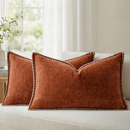 Image of a moment Pack of 2 Decorative Chenille Throw Pillow Covers with Twill Cushion Covers for Sofa Living Room Couch Bed 20x12 Inch,Crafted Border Rust