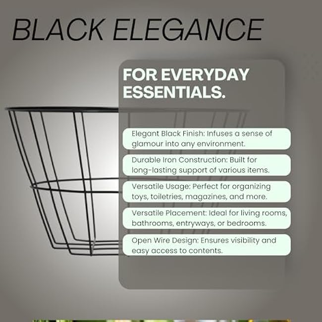 Black Metal Wire Storage Baskets Round Decorative Organizer Bins Mini Desks Shelves Trinkets Container Kitchen Home Office Bedroom Bathrom Store Spices Pantry Shelf Closet