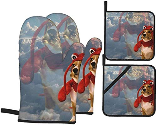 Dog-Lobster Oven Mitts and Pot Holders Sets Heat Resistant 4pcs for Baking BBQ Cooking