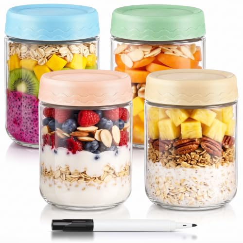 Image of DRKIO 16 Oz Glass Overnight Oats Containers with Lids Chia Pudding Jars | 4 Pack Mason Jars, Wide-Mouth, Leak-proof, Stackable, Ideal for Store and Meal Prep Yogurt, Cereals, Snack, Spice, Sugar