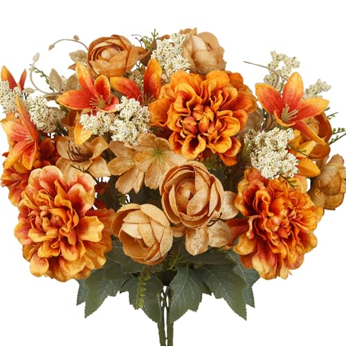 CISDUEO 2 Pcs Artificial Fall Flowers Bouquets 2 Colors Artificial Marigold Orange Autumn Silk Roses Flowers Fall Florals Stems Faux Flowers Arrangements for Cemetery Wedding Table Centerpieces Decor
