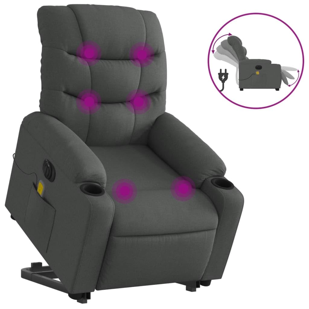 Sillón elevador eléctrico reclinable con masaje de 6 puntos, color gris oscuro, tejido para ancianos y adultos, función de elevación y vibración, cómodo asiento acolchado