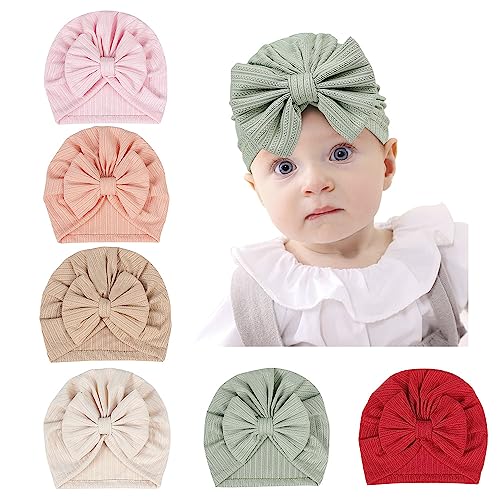 Image of Baby Girl Velvet Big Hair Bow Knotted Head Wrap Oversized Bow Beanie India Cap Warm for Newborn Infant Toddlers 6PCS
