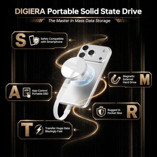 Image of DIGIERA 2TB Magnetic Portable SSD, External Solid State Drives with USB-C 3.2 Gen 2x2, Speed Up to 2000MB /s, Compact & Durable, Compatible with iPhone 15 /16 Series and Other USB-C Devices, White