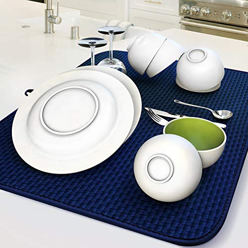 AKEIE 水切りマット 吸水マットキッチン スポンジ 食器乾燥用マット抗菌 防カビ ドライングマット 速乾 大判 キッチン 吊ることができ ブルー 41*46cm