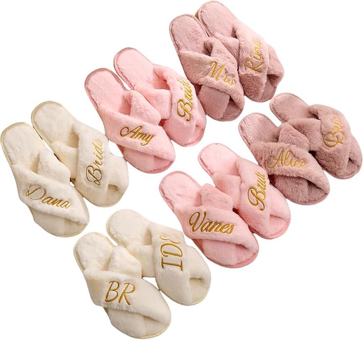 Custom Embroidery Fluffy Slippers with Name, Bride/Bridesmaid Slippers, Personalized Plush Slipper for Women, Wedding, Bachelorette, Birthday Gifts, Girls Sleepover, Gift for Mom, Bridal Shower