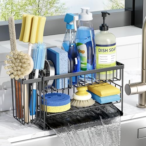 Cisily 2-Tier Kitchen Sink Caddy Organzier Rack with Flexible Dish Brush Holder, Sponge Holder for Kitchen Sink Countertop Organization Storage,Home Decor Accessories Essentials Stainless Steel