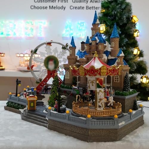 Casas de pueblo de Navidad con carrusel de parque de atracciones, música y luces LED para decoración navideña de interiores, decoración de mesa coleccionable