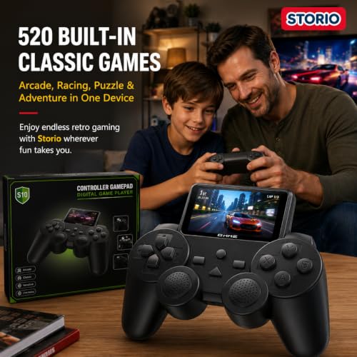 Image of Storio S10 Handheld Gaming Console for Kids & Adults | 520 Built-in Classic Games | Retro Video Game Player | Portable Rechargeable Mini Game Box with TV Output | Toy Gift for Boys & Girls 6-14 Years