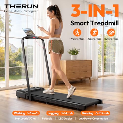 THERUN podloga za hodanje, tiha traka za trčanje, sklopiva traka za trčanje do 10 km/h, dvostruka apsorpcija udaraca, LED zaslon, nije potrebno sastavljanje za dom i ured 130 kg (crna)