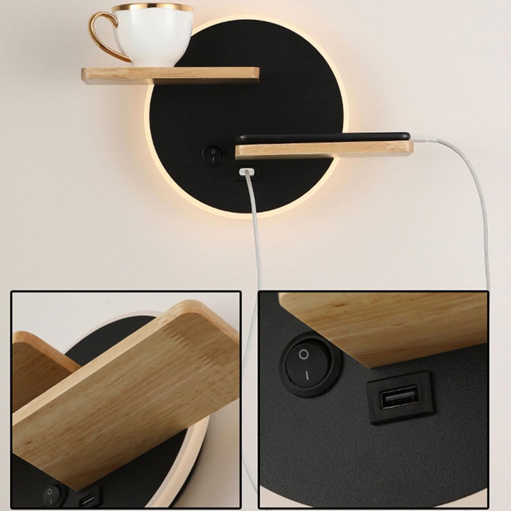 Modern Bedroom Wall Light Minimalist USB Metal LED Wall Mounted Lamp Round Indoor Wall Sconce Fitting with Shelf Decorative Lighting Fixture Black Lamp Wall with Push Button Switch