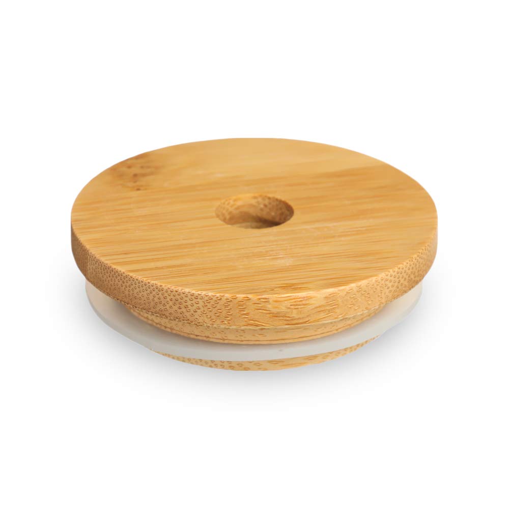 shengy Mason Jar Lid With Straw Hole Bamboo Wooden Lids Reusable Smoothies Canning Storage Wide Mouth Cup Caps Bottles Covers(70mm)